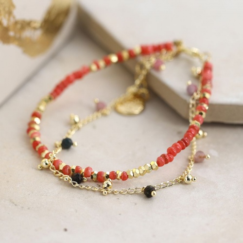 Golden Finish Chain and Red Bead Bracelet with Tourmaline by Peace of Mind